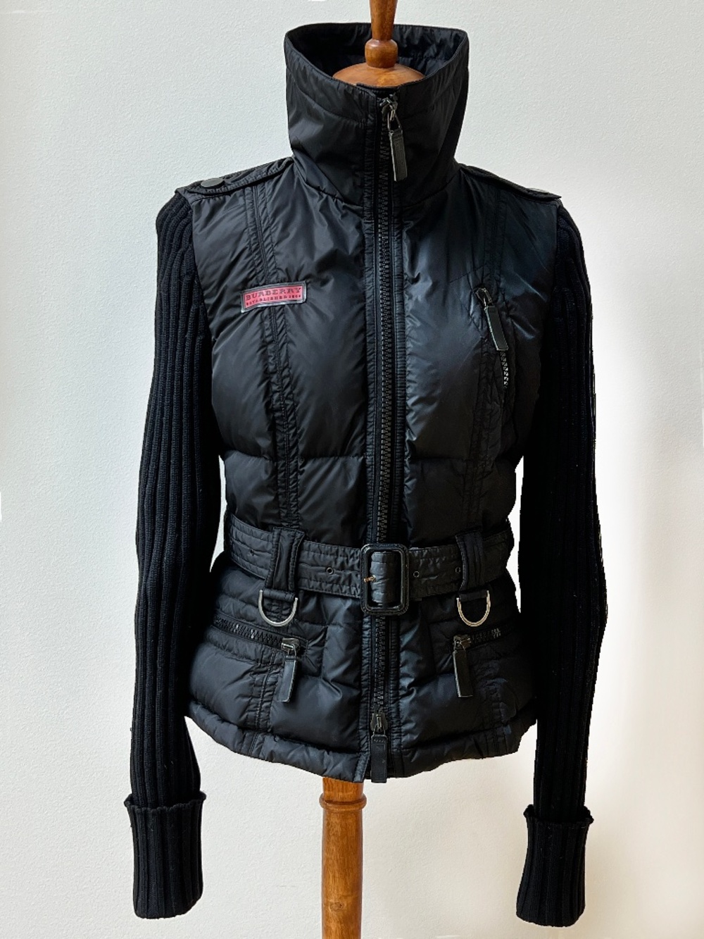 Burberry Black Quilted Ski Jacket with Knit Ribbed Sleeves US 8